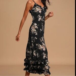 Lulus Pinch Women’s Maxi Dress, Y2K Babydoll Floral Black Sleeveless Size L